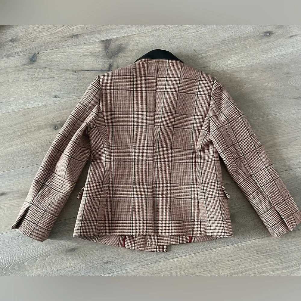 MIU MIU Red Black White Houndstooth Cropped Blazer with Leather Collar - Picture 3 of 8